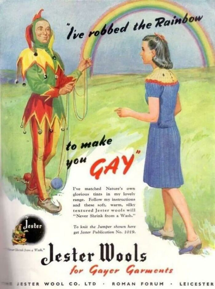 Vintage advertisements showing a jester and a woman promoting Jester Wools for gayer garments with a rainbow background.