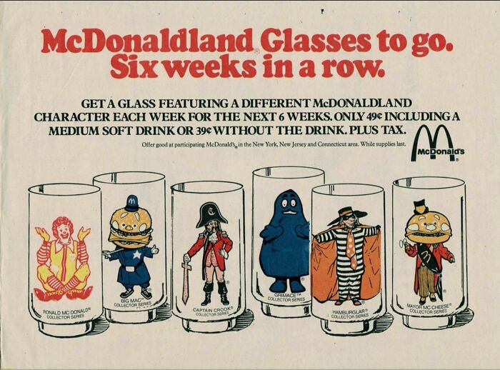 Vintage advertisements featuring collectible McDonaldland character glasses offered in a six-week promotion with drink purchase.