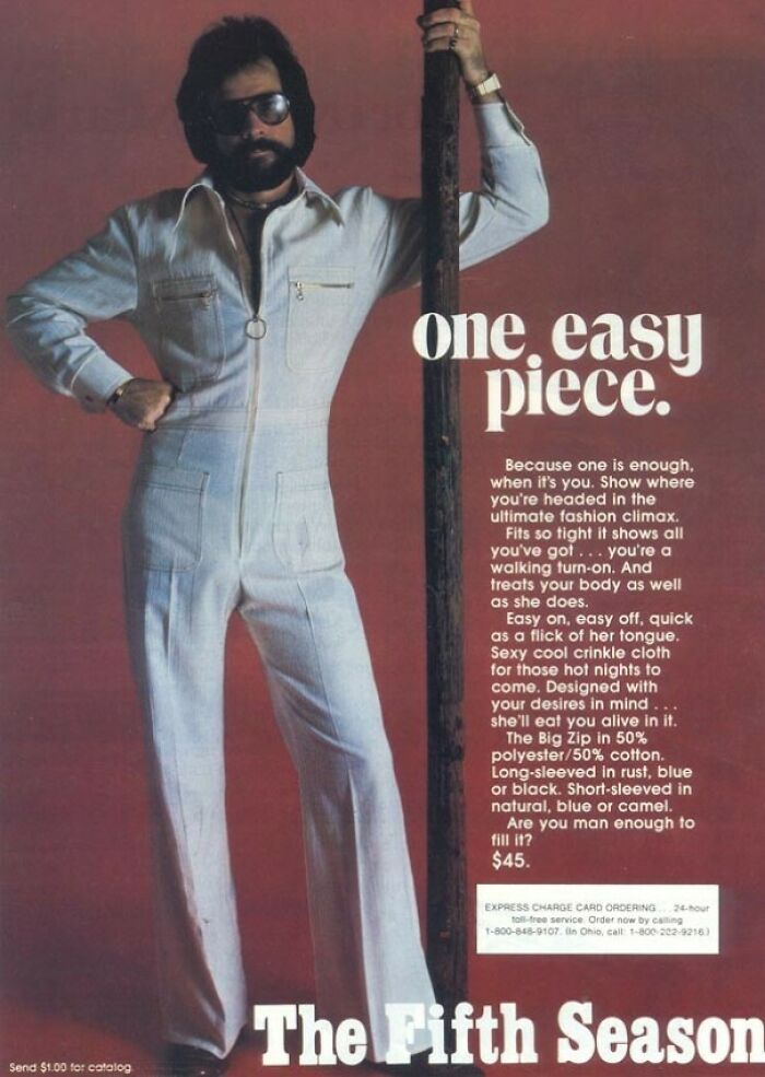 Man in vintage white jumpsuit leaning on pole with text and price, classic 1970s style vintage advertisements fashion ad.