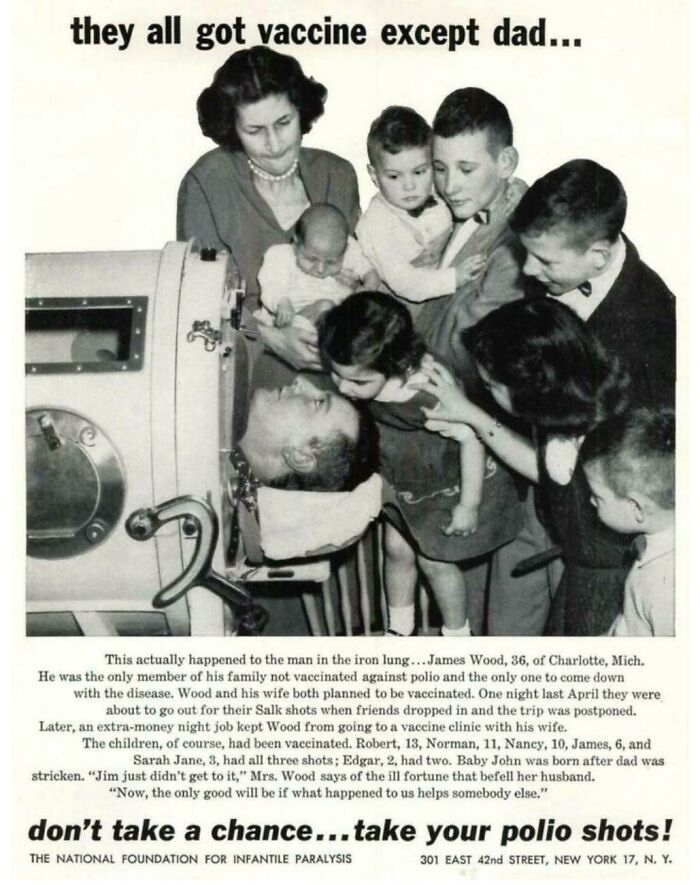 Vintage advertisements showing a family around an iron lung emphasizing the importance of polio vaccination shots.