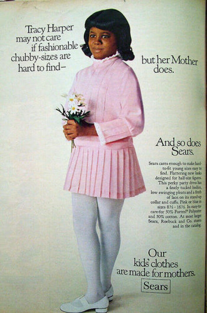 Vintage advertisements showing a girl in a pink dress promoting Sears kids clothes made for mothers.
