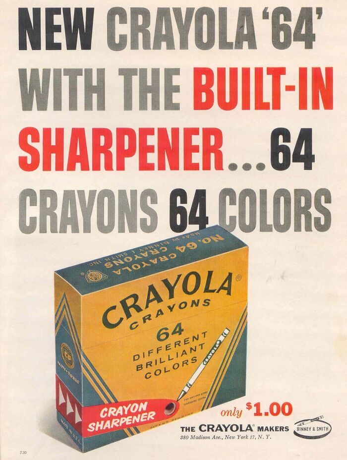 Vintage advertisement for Crayola 64 crayons with built-in sharpener, showcasing 64 different brilliant colors and retro branding.