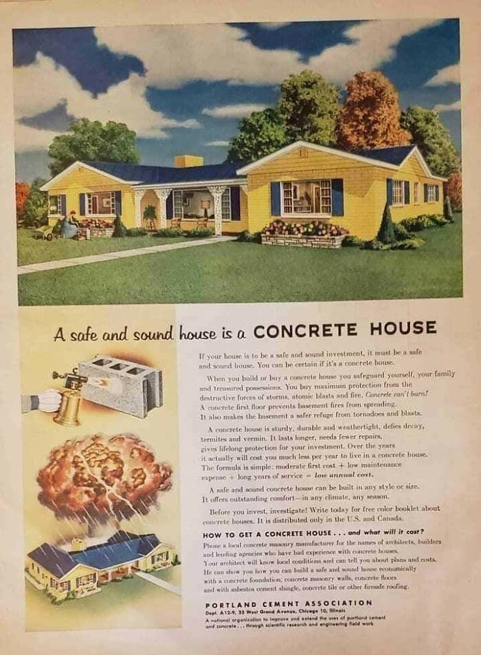 Vintage advertisements showing a concrete house promoting safety and durability against storms and fire in a retro style.