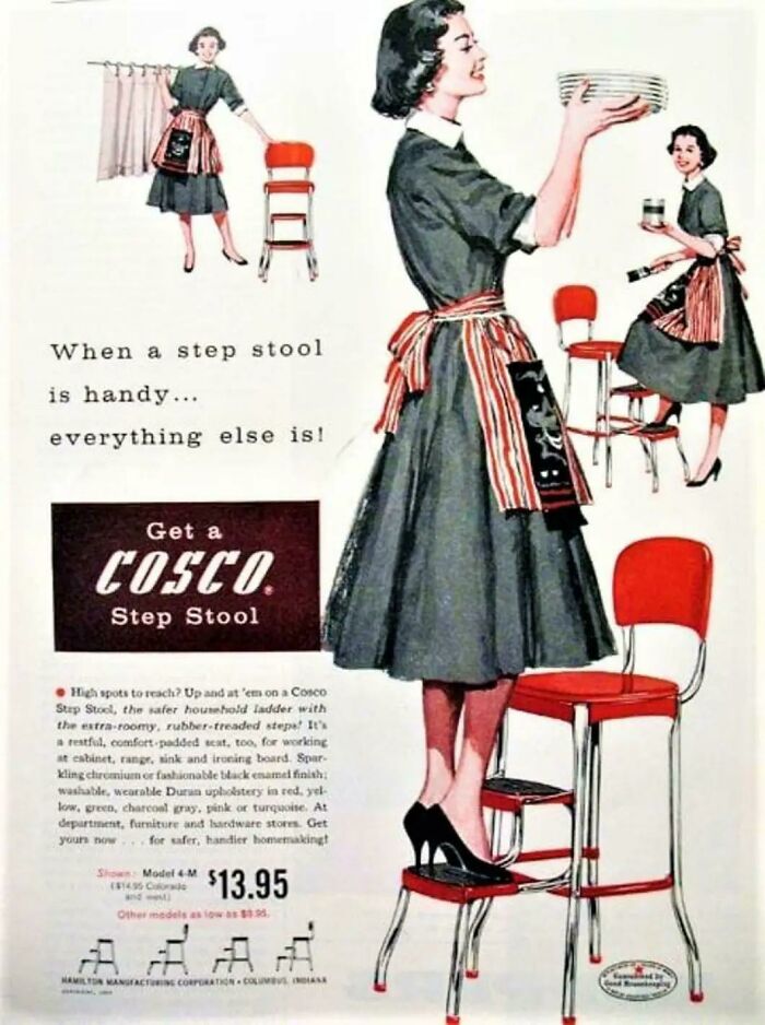 Vintage advertisements showing a woman using a Cosco step stool for household tasks in a classic mid-century design style.