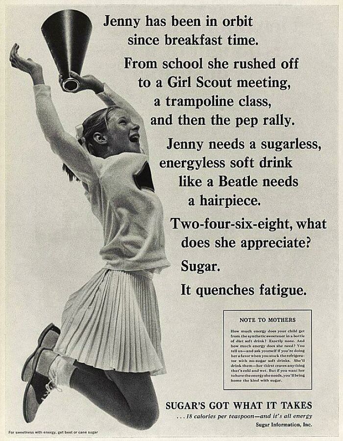 Vintage advertisements featuring vintage sugar soda ad with a girl cheerfully jumping and vintage typography text.