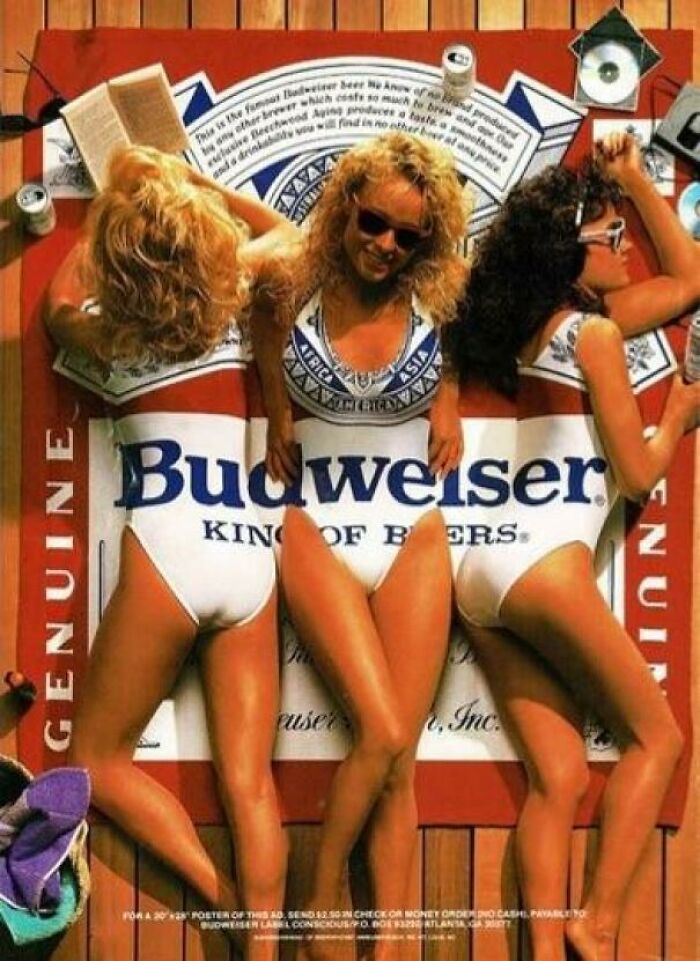 Three women in swimsuits styled like a vintage Budweiser advertisement, showcasing retro vintage advertisements and marketing.