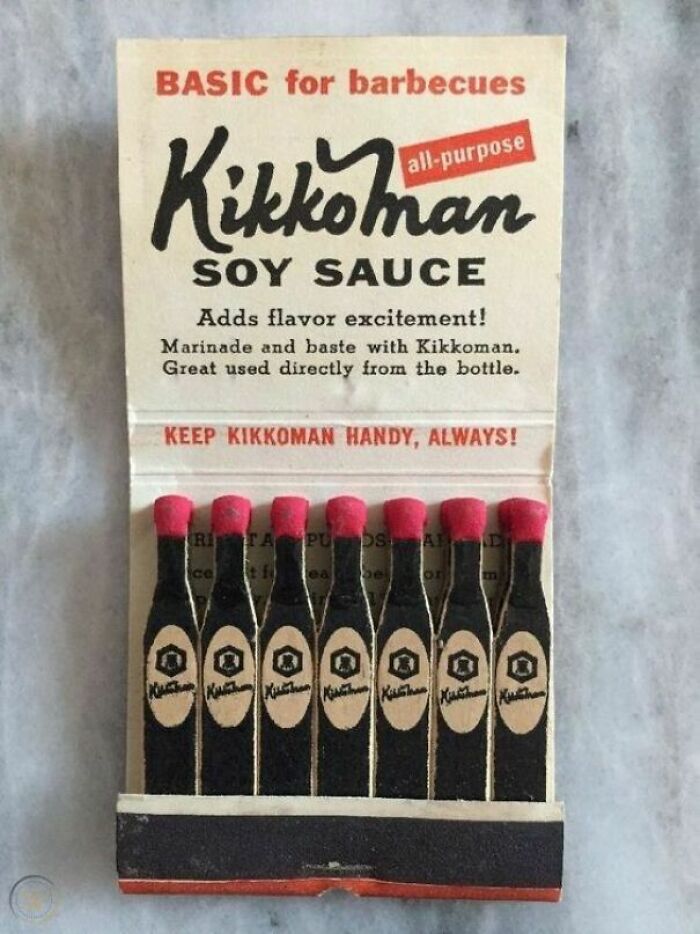 Vintage advertisements featuring Kikkoman soy sauce matchbook-style packaging promoting barbecue use.