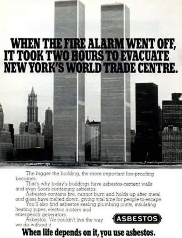 Vintage advertisements warning about asbestos fireproofing in New York's World Trade Centre buildings with black and white cityscape.