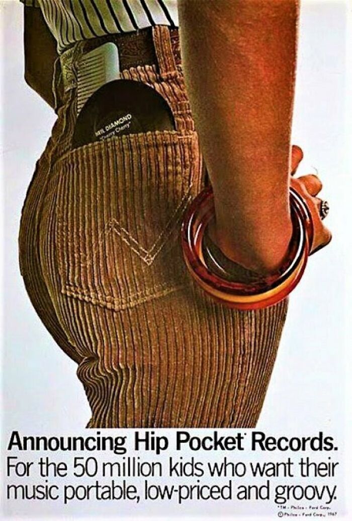 Person wearing brown corduroy pants with a vinyl record and comb in the back pocket in a vintage advertisement style