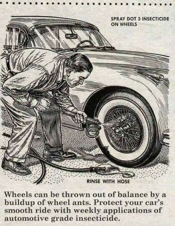 Vintage advertisements depicting a man spraying insecticide on car wheels to prevent wheel ants and maintain smooth rides.