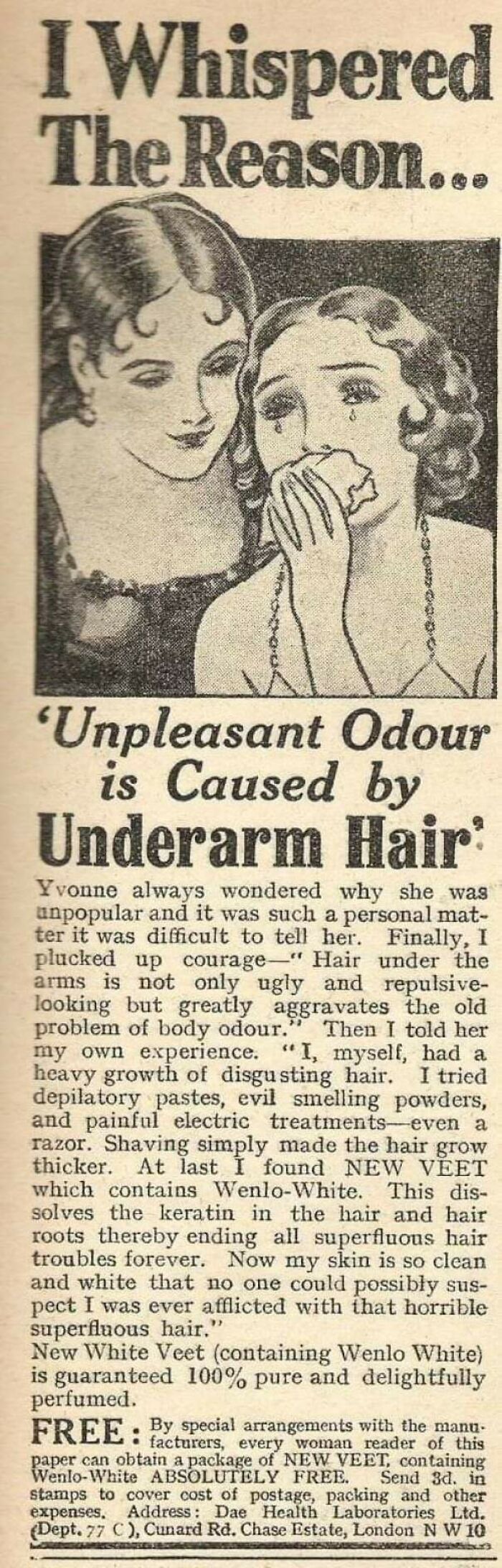 Vintage advertisement showing two women discussing unpleasant odour caused by underarm hair in a black and white illustration.