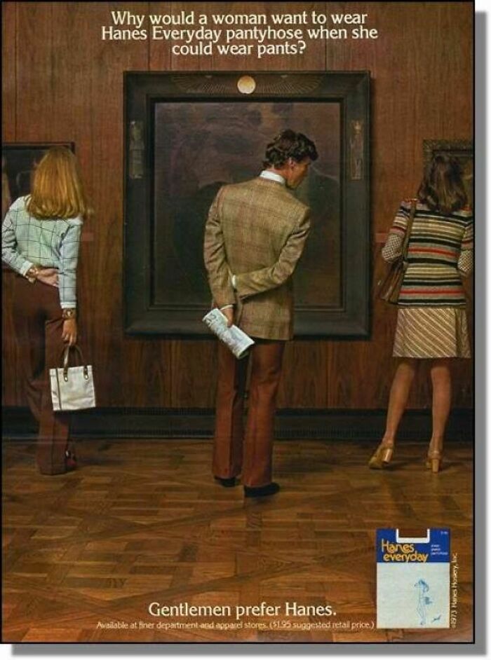Vintage advertisement showing three people viewing art, promoting Hanes everyday pantyhose with a gender stereotype message.