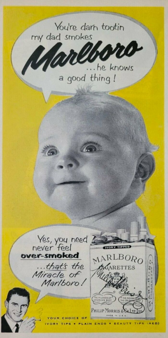 Vintage advertisements showing a baby endorsing Marlboro cigarettes with a yellow background and retro design.