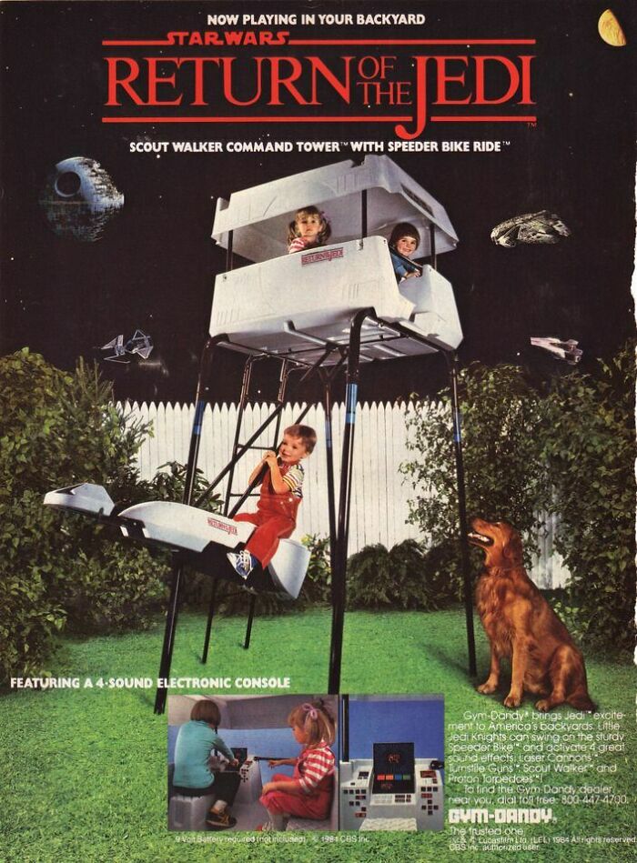 Vintage advertisements showing children playing with a Star Wars Return of the Jedi Scout Walker command tower toy.