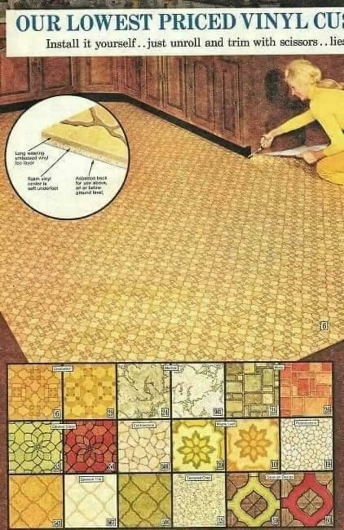 Vintage advertisements showing a woman installing vinyl flooring with various patterned designs and DIY instructions.