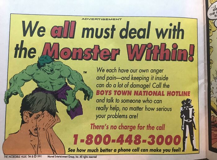 Vintage advertisement featuring the Hulk urging people to call Boys Town National Hotline to address inner anger issues.