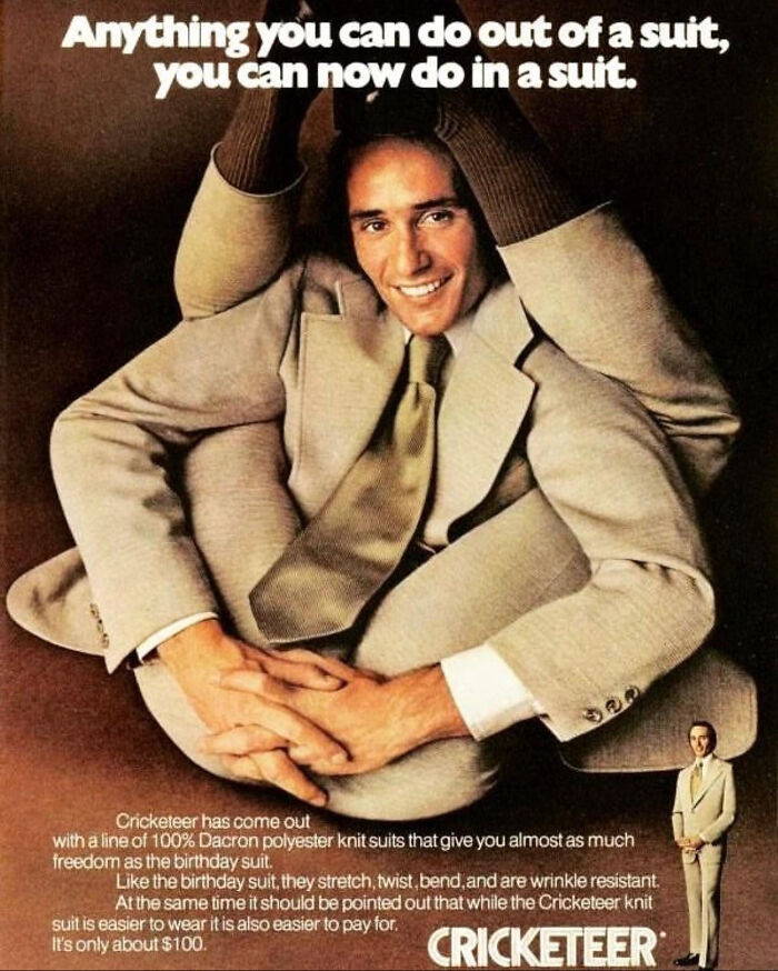 Vintage advertisements featuring a man in stretch polyester knit suit promoting comfort and flexibility in formal wear.