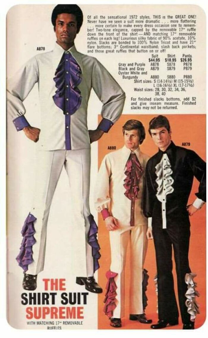 Vintage advertisements showing men modeling 1970s ruffled shirt suits with removable ruffles in bold colors and styles.
