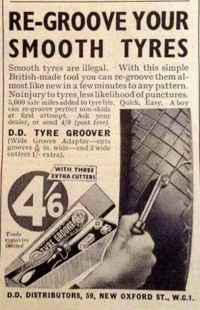Vintage advertisement showing a British-made tyre groover tool to re-groove smooth tyres and extend tyre life.