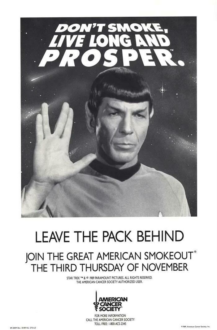 Vintage advertisement featuring a Star Trek character promoting smoking cessation with an American Cancer Society message.