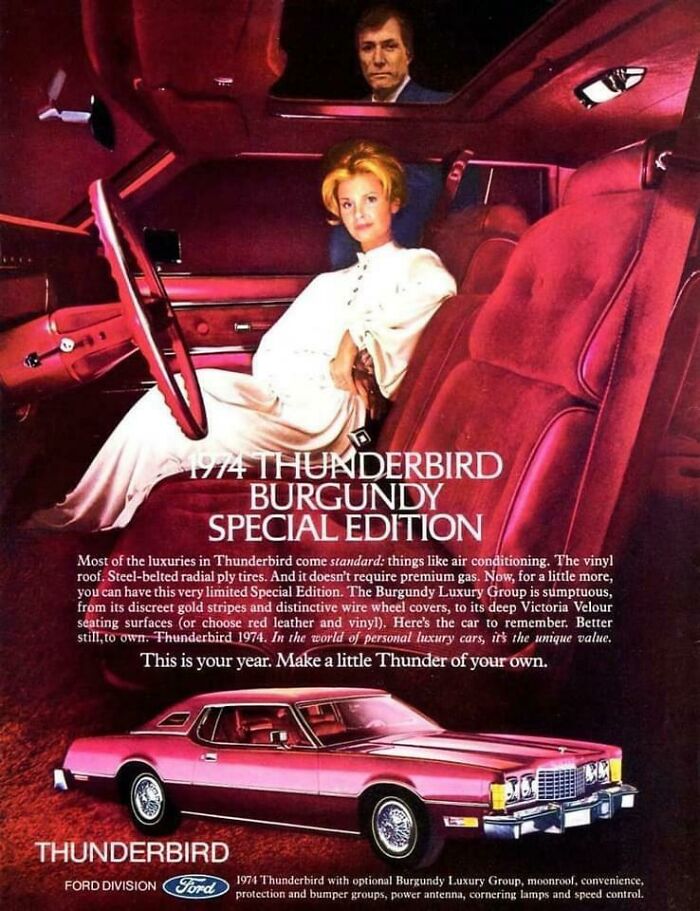 Vintage advertisements showing a 1974 Thunderbird Burgundy Special Edition luxury car with a man and woman inside.
