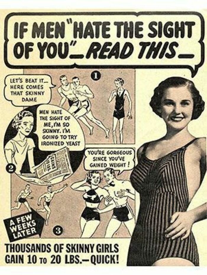 Vintage advertisements showing a woman gaining weight with ironized yeast, promoting a quick weight gain solution for skinny girls.