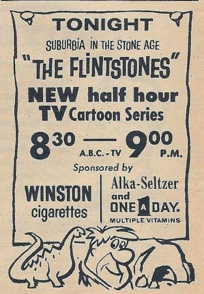 Vintage advertisement for The Flintstones cartoon sponsored by Winston cigarettes and Alka-Seltzer vitamins.
