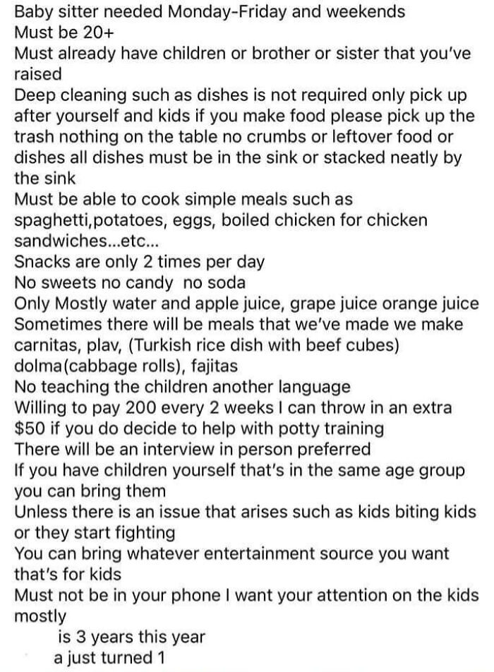 Seven Days A Week, $100. Don't Teach Them Another Language And You Don't Have To Do Dishes Unless They're Dirty