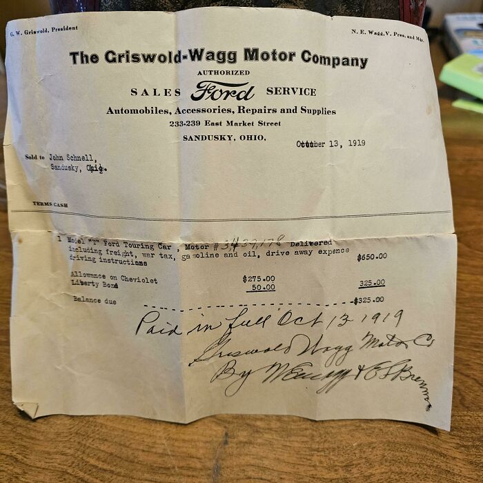 Found Bill Of Sale On 1919 Model T