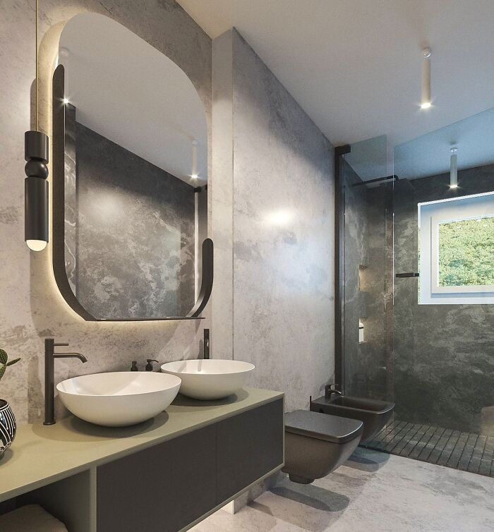 Modern bathroom with gray tiles, large mirror, and expert-approved interior design ideas for top home designs revealed.