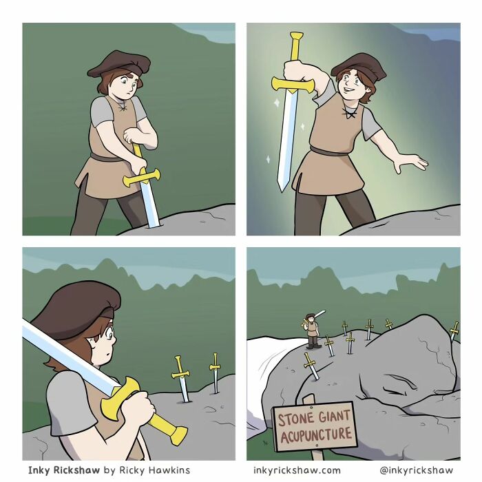 Comic with unexpected endings shows a man pulling a sword from a stone giant in a humorous twist.