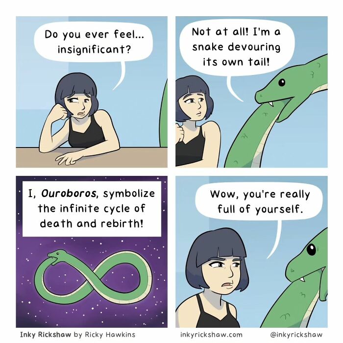 Comic strip with unexpected endings featuring a woman and a self-devouring snake symbolizing Ouroboros.