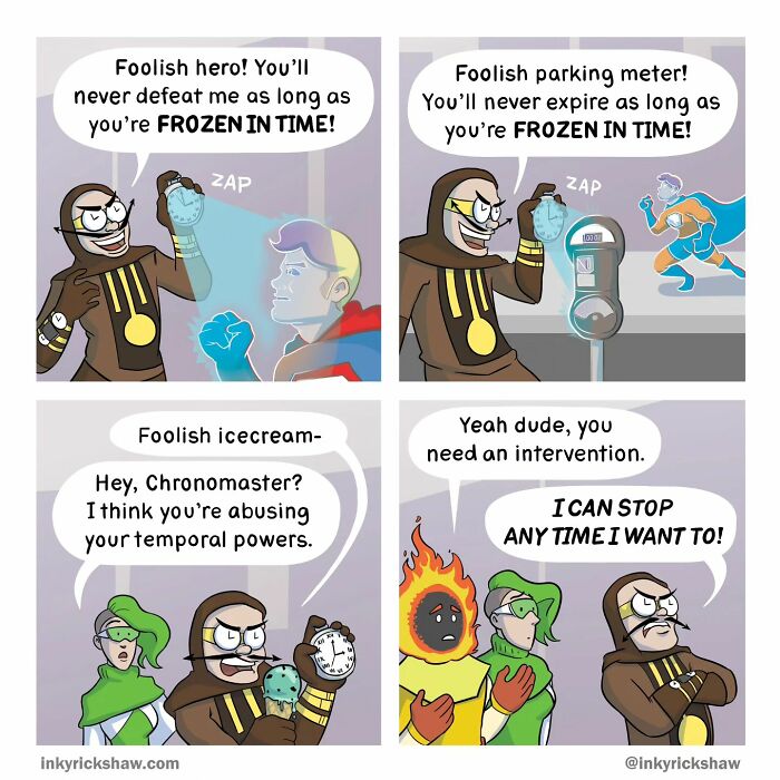 Comic panels showing a villain frozen in time with humorous consequences in comics with unexpected endings.