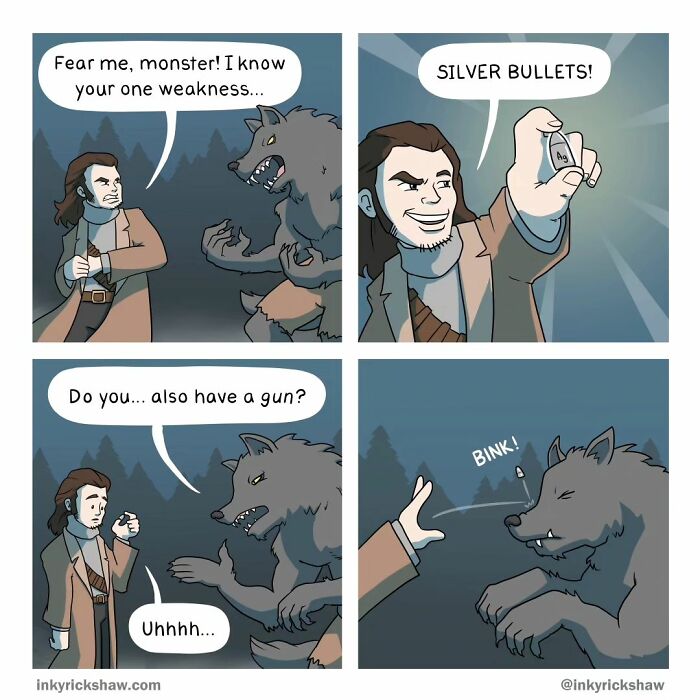 Comic with unexpected endings showing a man confronting a monster with silver bullets and a surprising twist.