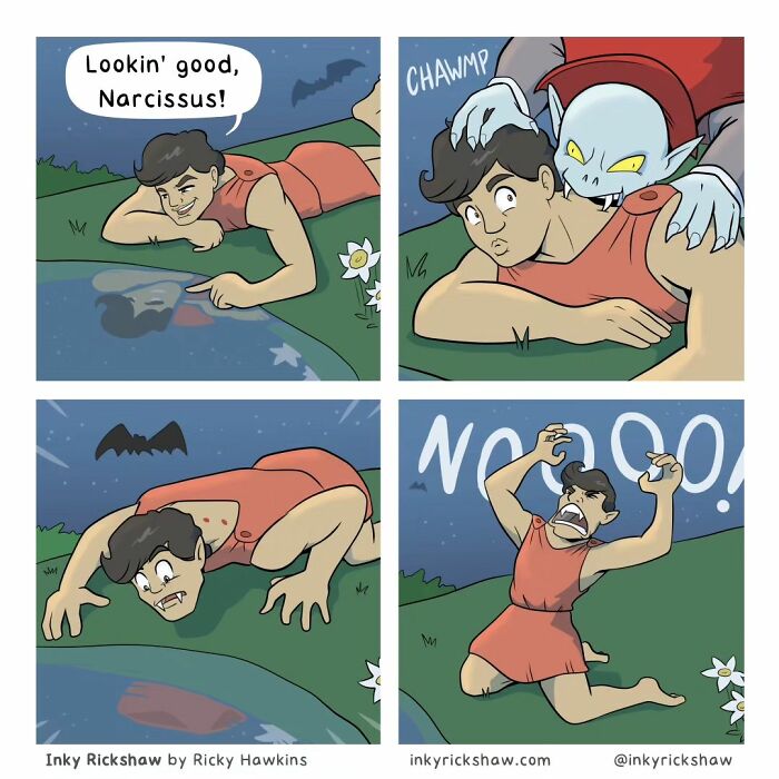 Comic panels showing a man admiring his reflection, then getting surprised by a monster in a comic with unexpected endings.
