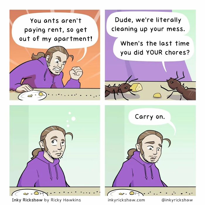 Man in purple hoodie arguing with ants about chores in a comic strip featuring unexpected endings and humor.