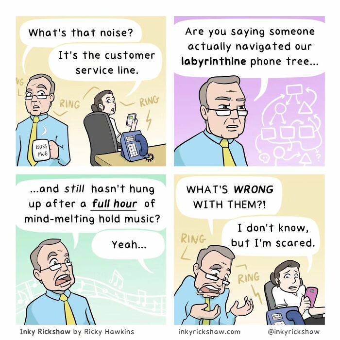 Comic panel showing workplace humor about navigating a labyrinthine phone tree with unexpected and funny ending.
