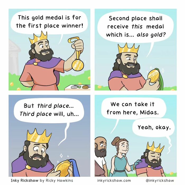 Comic strip showing a king awarding gold medals to first and second place, creating an unexpected ending comic humor.