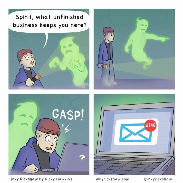 Comic showing unexpected endings with a man shocked by 2,146 unread messages, highlighting comics with unexpected endings.