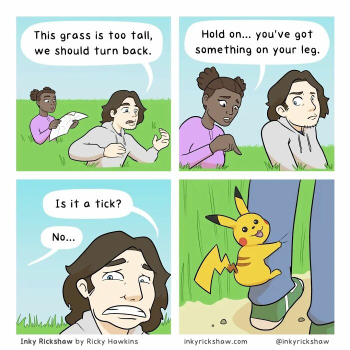 Comic panels show two people in tall grass discovering a Pikachu on a leg, showcasing comics with unexpected endings.