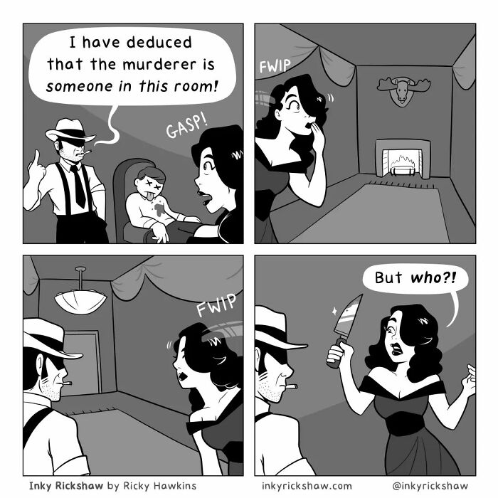 Black and white comic with unexpected endings showing a woman revealing a weapon, fitting the theme of comics with unexpected endings.
