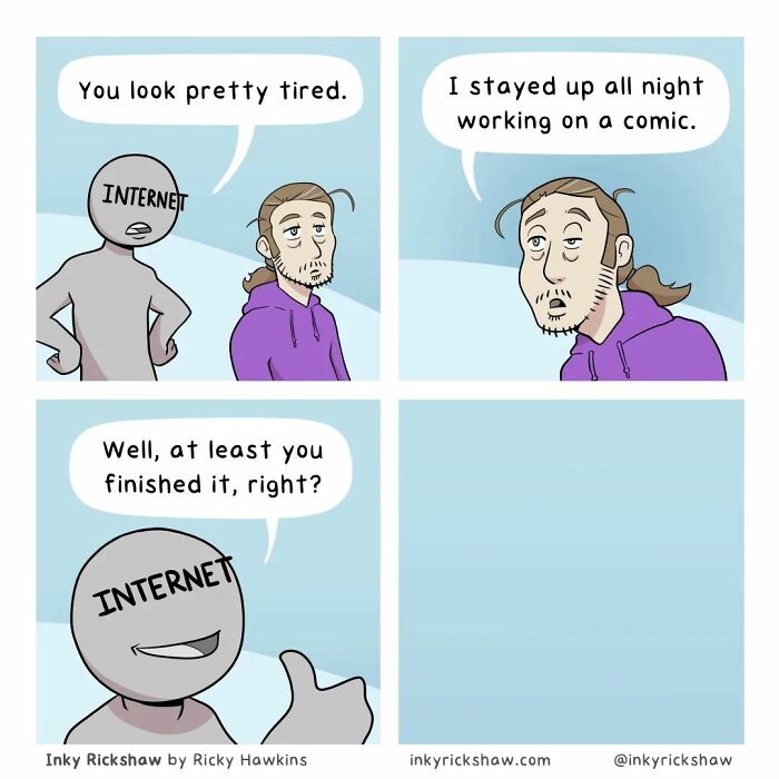 Comic showing a tired man who stayed up all night working on a comic, highlighting unexpected comic endings humor.