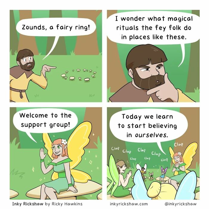 Comic with unexpected endings showing a man discovering a fairy ring and joining a magical support group.