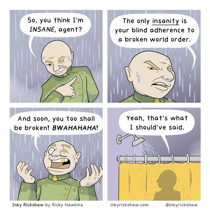 Comic panels showing a man with unexpected endings delivering dramatic lines, highlighting comics with unexpected endings humor.