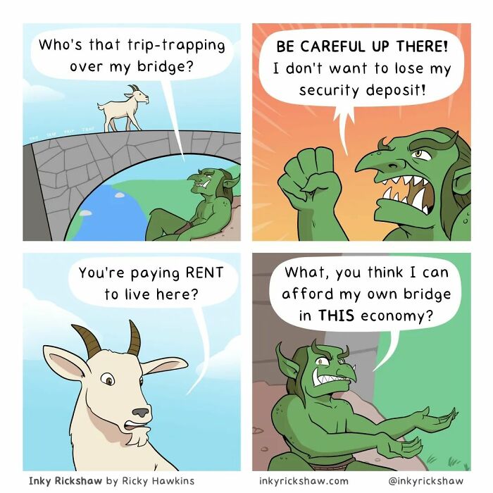 Cartoon comic with a troll and goat discussing rent and security deposit on a bridge, featuring unexpected endings humor.