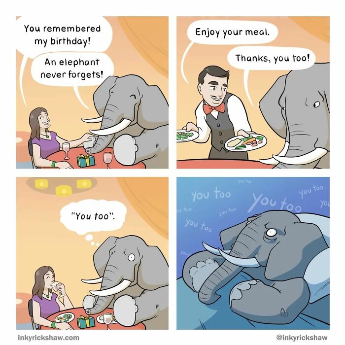 Comic showing an elephant with unexpected endings, humorously repeating "you too" after a waiter’s meal wish.