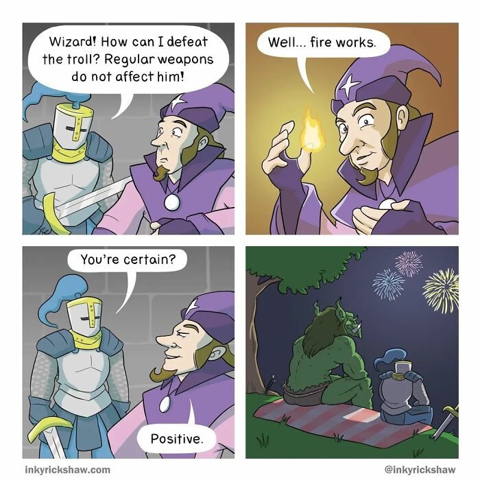 Comic strip showing a wizard and knight with an unexpected ending featuring fireworks, highlighting comics with unexpected endings.