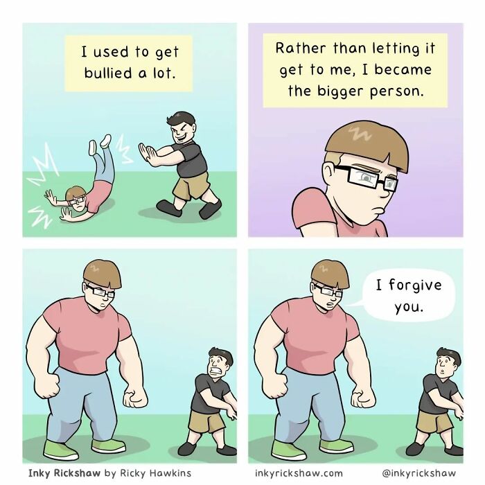 Comic showing a bullied boy becoming physically bigger than his bully in a funny twist, part of comics with unexpected endings.