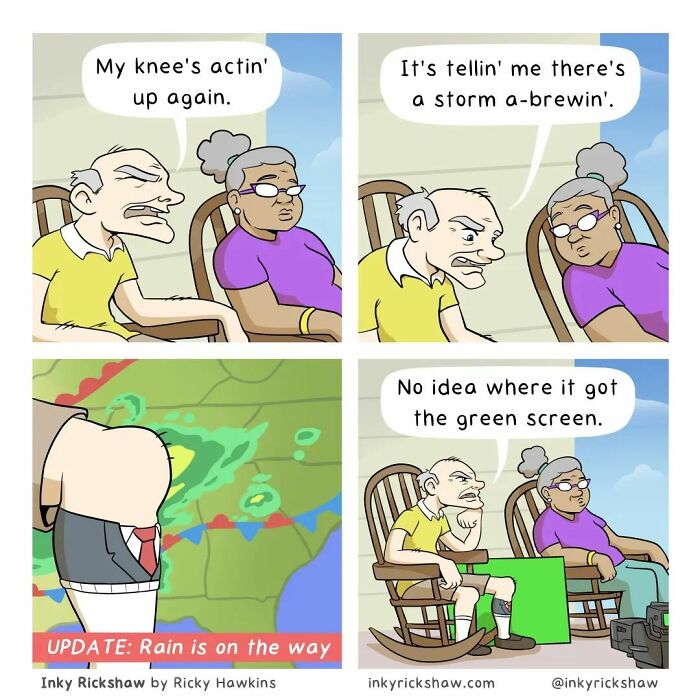 Comic strip with unexpected endings showing elderly couple and a humorous weather green screen joke, featuring comics with unexpected endings.