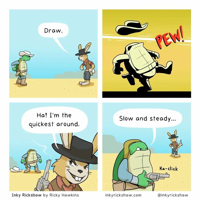 Comic strip showing a turtle and rabbit in a funny quick-draw duel with an unexpected ending, from comics with unexpected endings.